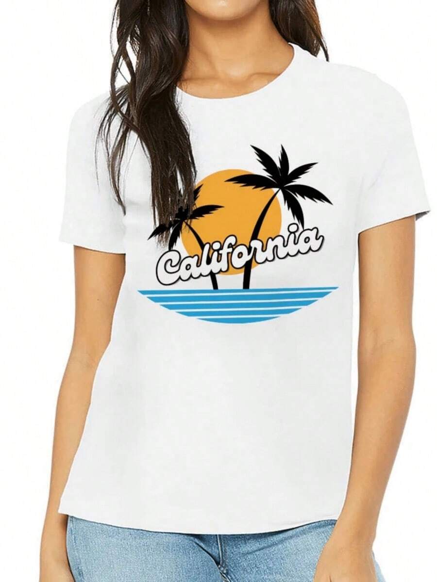 1 camiseta con estampado gráfico de palmera de California, 220g, para vacaciones en la playa, estilo casual para mujer, 100% algodón, cuello redondo, estilo relajado para el día a día, transpirable y cómoda. - Blanco - Ver 1