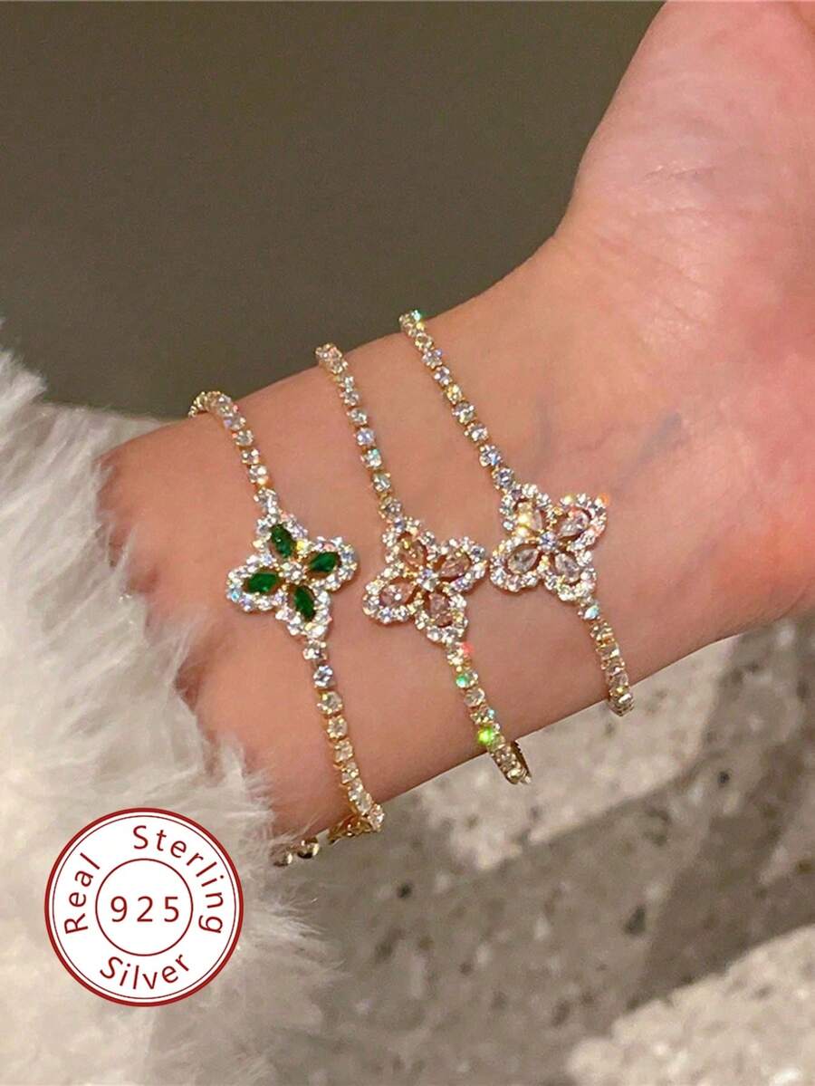 1件925纯银钻石形花朵手链，精致珠宝礼品，适合女士出席晚宴/派对、生日/约会、日常佩戴或节日礼物 - 菱形花朵手鍊 - 查看 1