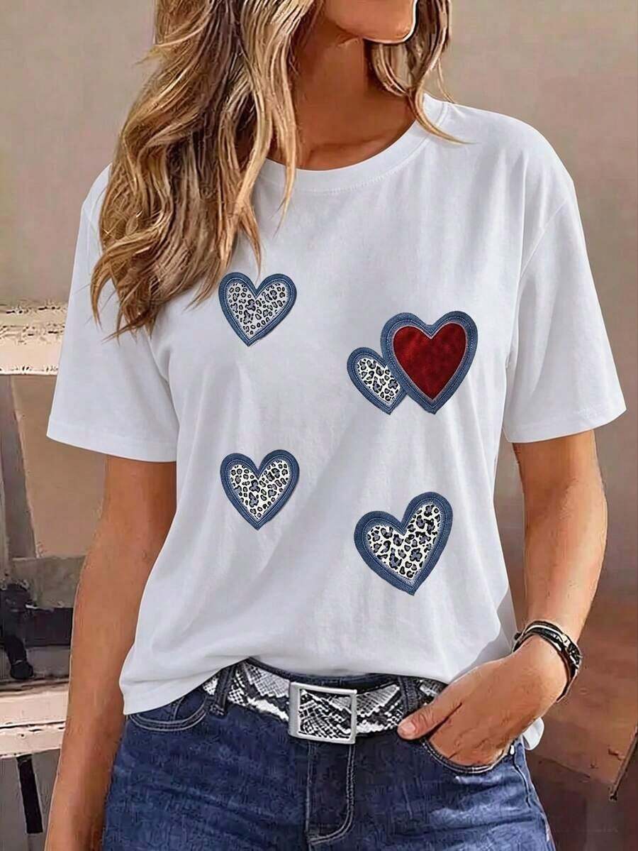 Playera Oversize Mujer "Corazones Rosa y Leopardo" - Azul Marino con Estampado Femenino Chic - Blanco-2 - Ver 1