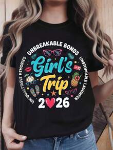 1 pieza Camiseta de Mujer con Diseño "Girls Trip 2026" con la Frase "Unbreakable Bonds And Unforgettable Memories", Cuello Redondo, Manga Corta, Estilo Casual para Vacaciones de Verano y Fiestas de Solteras, Regalo Perfecto para Mejores Amigas y Grupos de Hermanas, Ropa de Celebración, Atuendo Festivo, Tela de Elasticidad Media, 180g Algodón 100%. - Negro - Ver 10