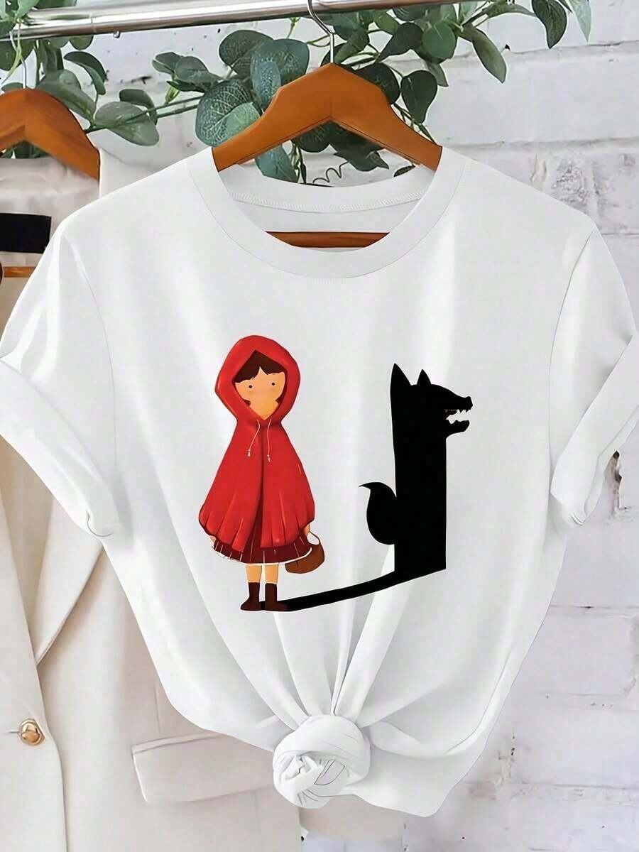 Camiseta Casual de Talla Grande para Mujer con Estampado Vintage de Caperucita Roja y Silueta de Lobo, Camiseta de Manga Corta con Cuello Redondo, Cómoda y Adecuada para Uso Diario, Vacaciones y Ropa Informal, Transpirable y Confortable. - Blanco - Ver 1