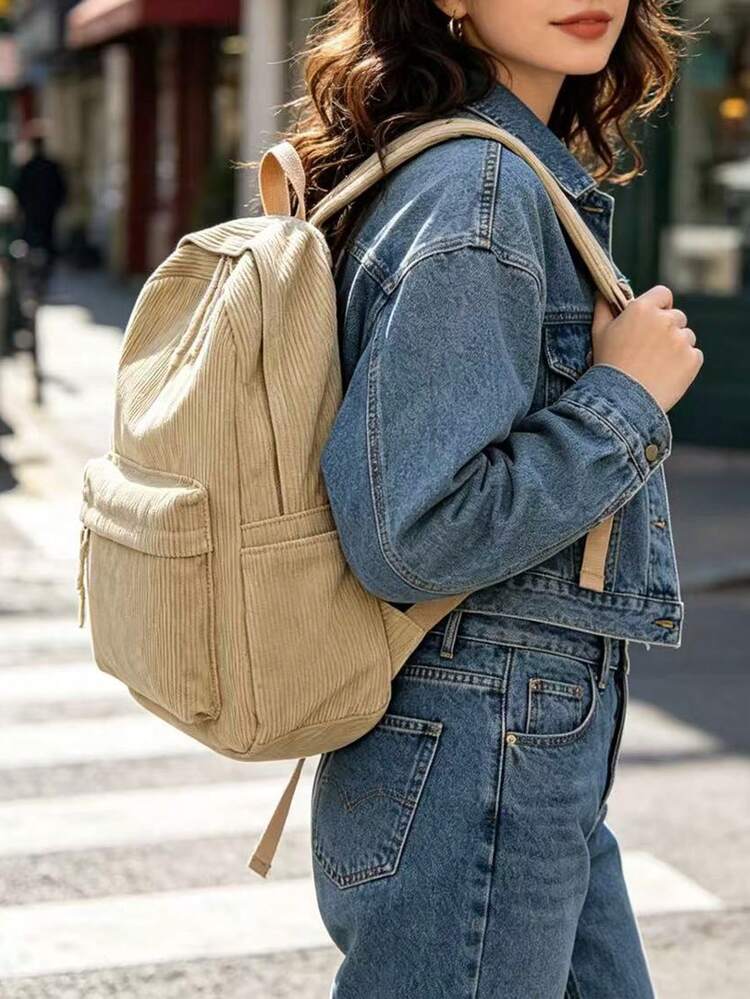 Solid Color Corduroy Fabric Fashionable Versatile Minimalist Backpack For Women - Khaki - View 8
