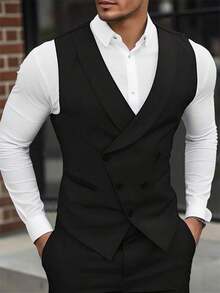 Manfinity Mode Men Double Breasted Waistcoat Without Shirt,Men's Casual/Business Single Breasted Suit Vest, Suitable For Daily Commuting Men's Daily Casual Summer Vacation Wear,Perfect For Going Out And Daily Wear - 黑色 - 查看 1