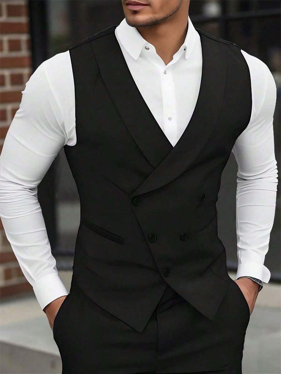Manfinity Mode Men Double Breasted Waistcoat Without Shirt,Men's Casual/Business Single Breasted Suit Vest, Suitable For Daily Commuting Men's Daily Casual Summer Vacation Wear,Perfect For Going Out And Daily Wear - 黑色 - 查看 1