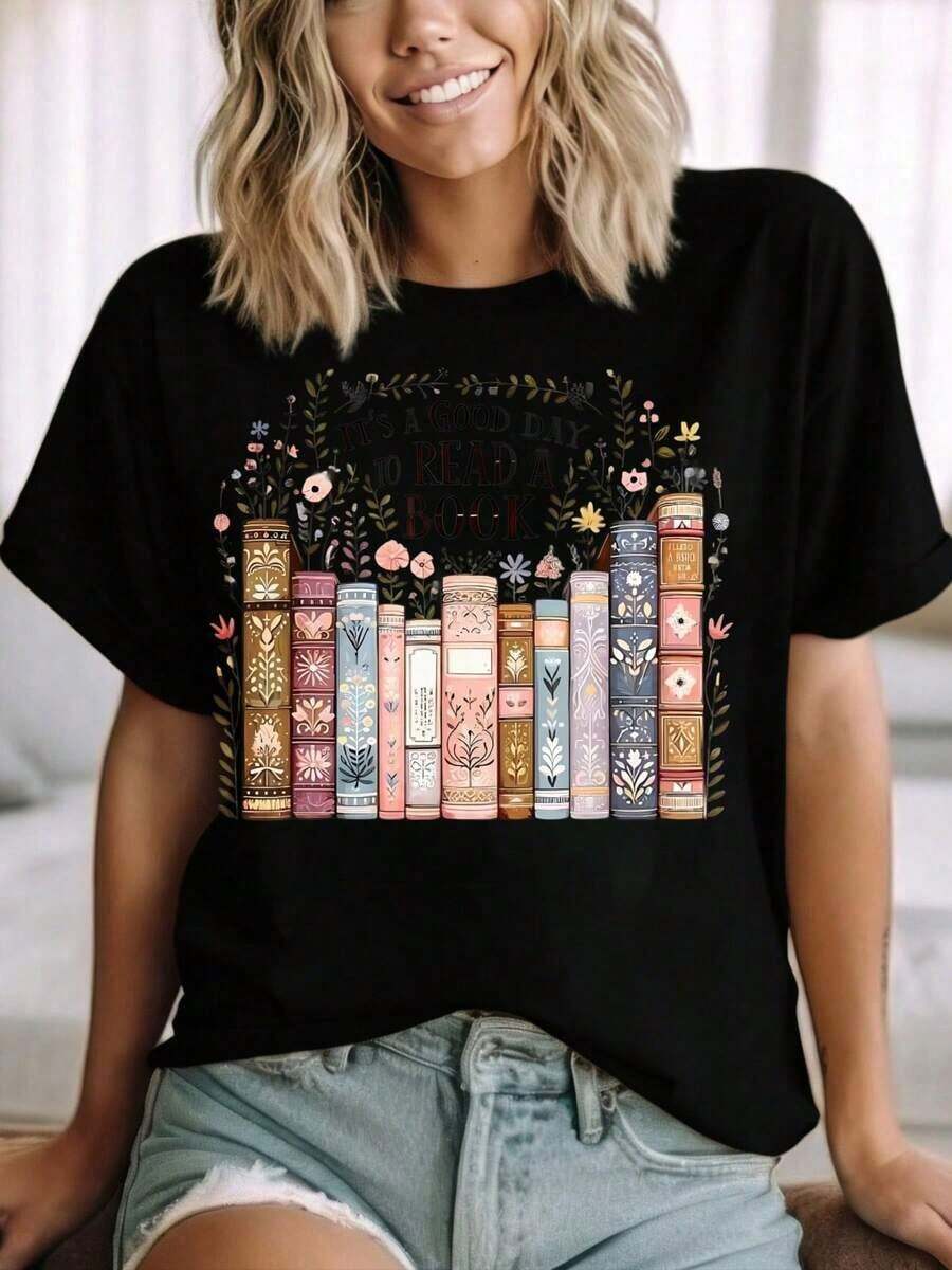 1 Piece. It's A Good Day To Read A Book. T-Shirt With A Literary Bookshelf Design For Book Lovers And Reading Enthusiasts. Gift Idea For Writers And Students. Comfortable Clothing For The Home Office. Casual Outfit For Bookstore Visits And Days At The Library. 180g 100% Cotton. - 黑色 - 查看 1