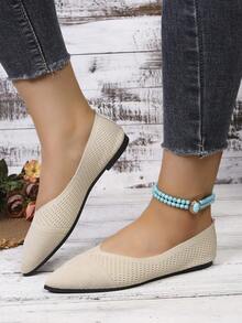 女士尖头针织玛丽珍平底鞋，条纹时尚优雅度假波西米亚休闲性感轻便平底鞋，适合所有季节 - 杏色 - 查看 4