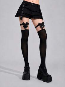 1 Pair Women's Black Fishnet Thigh High Stockings, Leopard Print Top Over-The-Knee Socks, Sexy Stretch Mesh Hosiery For Party, Club, Date Night & Daily Wear - Black - View 3