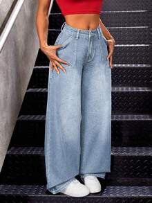ALO FASHION Pantalones vaqueros de mujer elegantes e informales, de mezclilla lavada, pierna ancha, muy elásticos, corte largo, ideales para una fiesta bohemia sexy o una salida relajada. - azul real - Ver 1