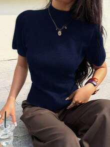 Blusa de punto de cuello alto de manga corta de unicolor para mujer, marrón oscuro, para todas las estaciones - Azul marino - Ver 3