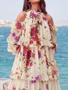 Faeriesty Floral Print Chiffon Off-Shoulder Dress, Layered Floral Print And Delicate Ruffle Hem Design, Elegant Flowing Silhouette, Suitable For Weddings, Garden Parties, Formal Events, And Vacation - Light Yellow - View 4