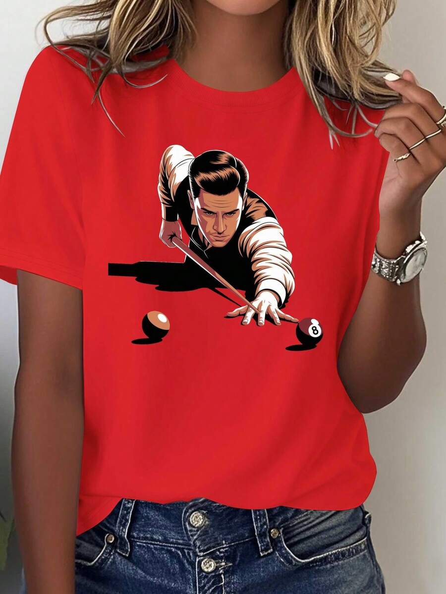 Camiseta vintage para mujer con temática de billar - Estilo casual, estampada con un diseño del arte del tiro de precisión, adecuada para todas las estaciones, ideal para eventos de billar y uso diario. - Rojo - Ver 1