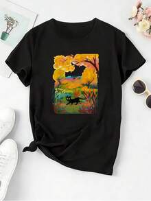 Camiseta de mujer de cuello redondo con gato negro de otoño |   Camiseta elástica de manga corta con estampado de modaDaily Casual Round Neck Short Sleeve-Shirt Women - Negro - Ver 1