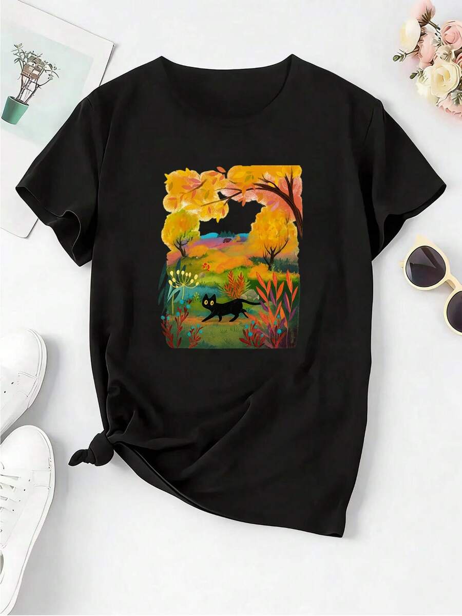 Camiseta de mujer de cuello redondo con gato negro de otoño | Camiseta elástica de manga corta con estampado de modaDaily Casual Round Neck Short Sleeve-Shirt Women - Negro - Ver 1