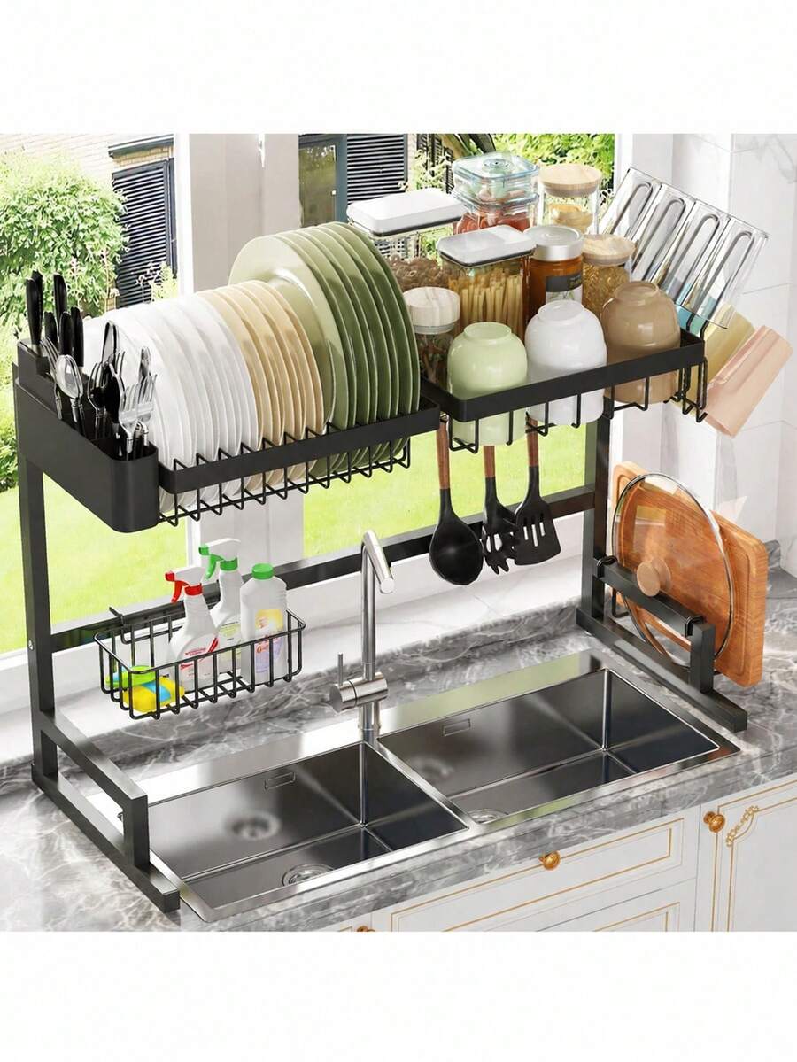 Drain Rack-2-Tier Over- Space-Saving Metal Kitchen Organizer, Includes Utensil Holder, Sponge & Knife Slots, Hooks, And Anti-Slip Feet - Perfect For Efficient Countertop Storage, Dish Drying Rack