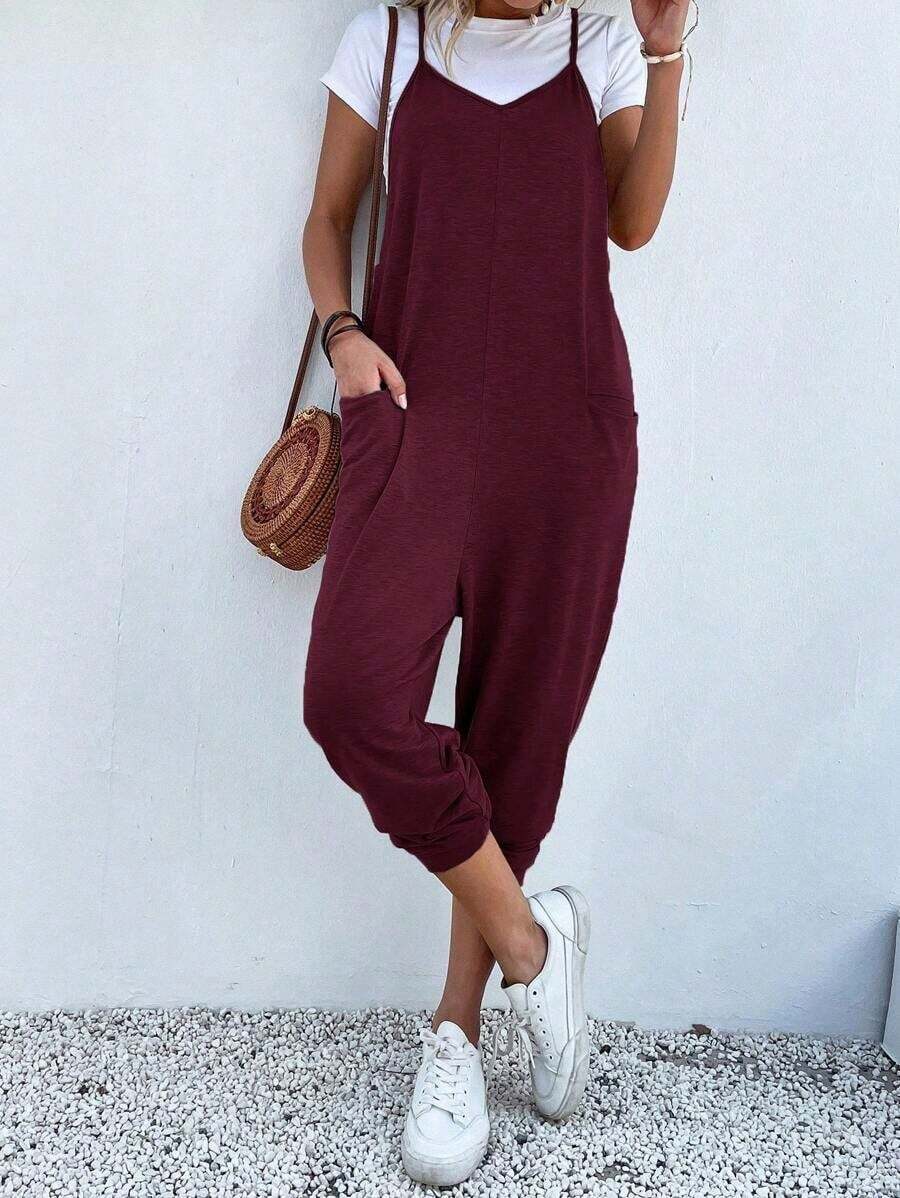 SUN - Shirtless Jumpsuit With Open Back And Double Pocket - 酒紅色 - 查看 1