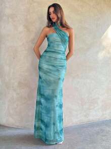 xheAloruh Vestido ajustado con estampado floral naranja y cuello de corbata romántico, elegante para vacaciones y citas. Vestido de verano para mujer, ropa de mujer, vestido para sesión de fotos, vestido impresionante, atuendos de verano para mujer, vestido de Pascua, vestidos de playa, vestido de fiesta elegantexhe - Agua verde azul - Ver 7