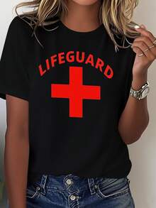 Camiseta cómoda de color sólido para mujer, estilo casual, de la Cruz Roja Salvavidas. - Negro - Ver 7