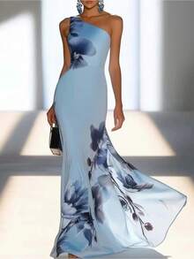 Print One Shoulder Cinched Maxi Dress For Women, Wedding Guest - 淺藍色 - 查看 1