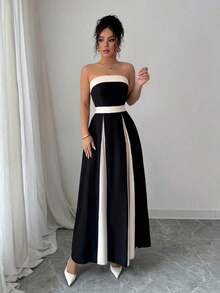 Vestido midi sin tirantes y sin mangas de color contrastante, elegante y apropiado para el trabajo - Multicolor - Ver 4