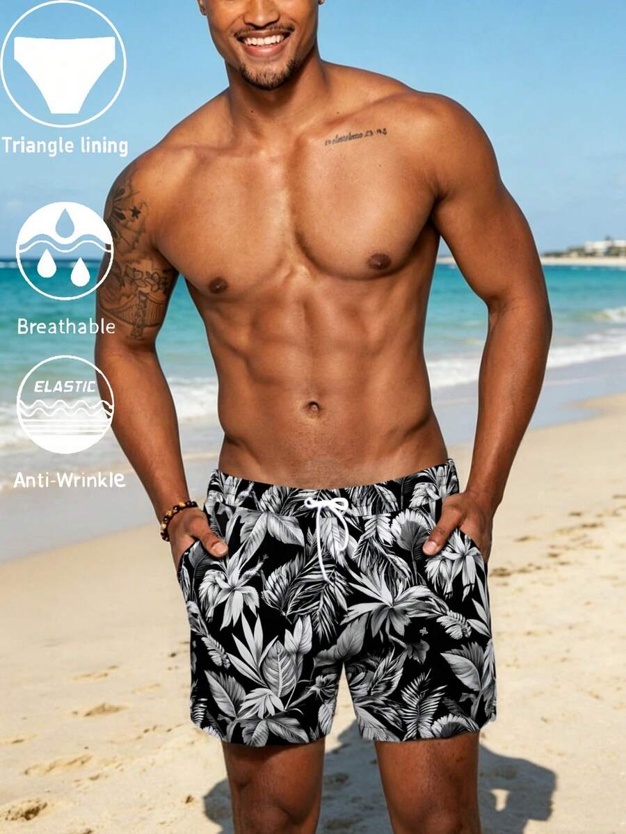 Men's Summer Surf Board Shorts – Palm Tree Print, Adjustable Waist Swim Trunks