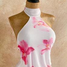 Soqi Women's Clothing  Vestido mini con estampado floral sin espalda y cuello halter para vacaciones casual de mujer - Rosa - Ver 8