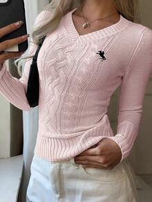 Suéter casual de manga larga con cuello en V y ajuste ceñido con estampado de caballero, para mujer, apto para la escuela en otoño/invierno - Rosa 2 - Ver 3
