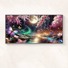 一套DIY钻石画套装 - 梦幻夜景，花朵、蝴蝶和月亮，圆形钻石马赛克艺术品，适合初学者，家居墙面装饰，独特礼物，不含画框 - 無框 - 查看 12