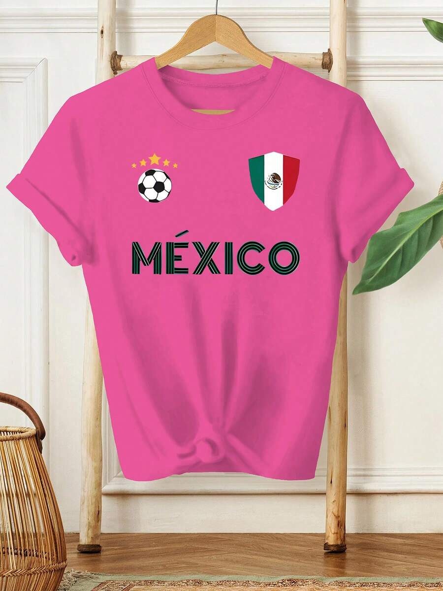 Talla Grande - Talla Grande - Nueva Camiseta de Manga Corta de Verano para Mujer con el Emblema de la Bandera Mexicana, Fútbol, Cinco Estrellas y la Palabra 'México', Diseñada para Uso Casual y con Estilo - Rosa roja - Ver 1