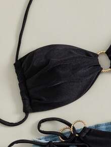 Bộ bikini hai mảnh màu trơn gợi cảm thời trang mới, dành cho nữ, có dây buộc, thích hợp cho kỳ nghỉ hè ở bãi biển. - màu đen - Xem 6