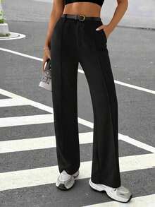 Pantalones rectos de traje para mujer con costuras expuestas para otoño/invierno - Negro 2 - Ver 1