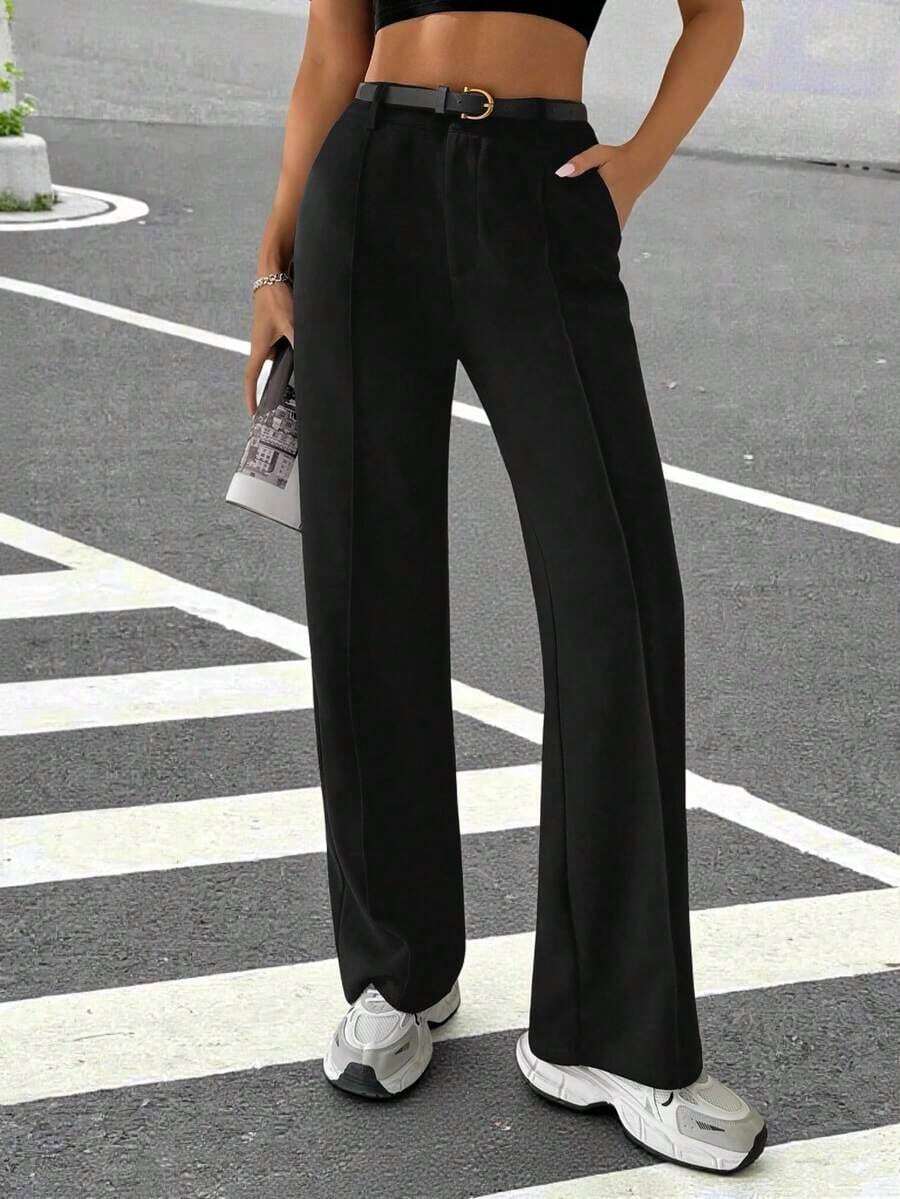 Pantalones rectos de traje para mujer con costuras expuestas para otoño/invierno - Negro 2 - Ver 1