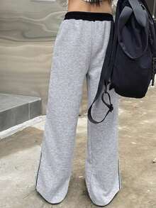 Pantalones casuales de mujer con estampado, cintura con cordón y bolsillos - Gris 2 - Ver 4