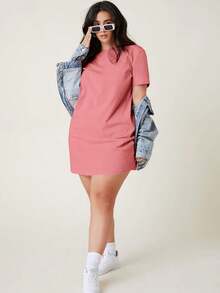 BASICS Vestido De Camiseta Sólida De Manga Corta Para Tallas Grandes - Rosa vieja - Ver 4