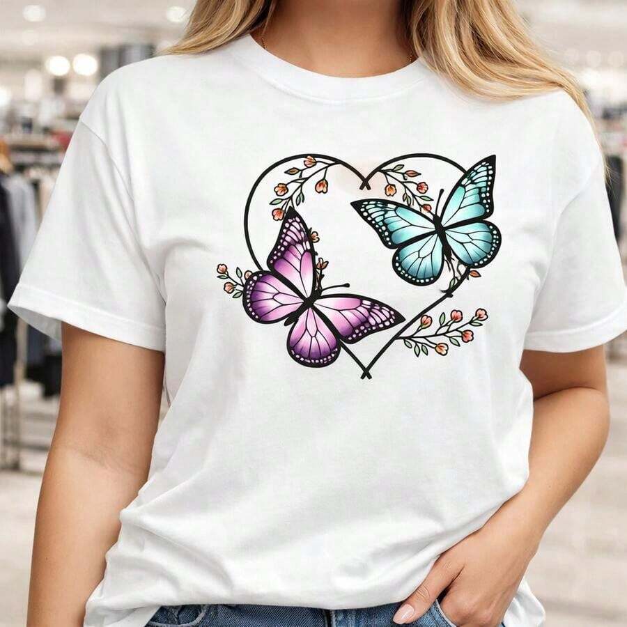 1 pieza, camiseta de algodón para mujer con estampado de mariposas y corazones, camiseta casual de manga corta, top de algodón para uso diario, regalos de cumpleaños, regalos de Navidad, regalos de Halloween, o como camiseta conmemorativa para amigos o seres queridos. También Adecuada Como Camiseta de Algodón de Entrega Rápida - Blanco - Ver 1