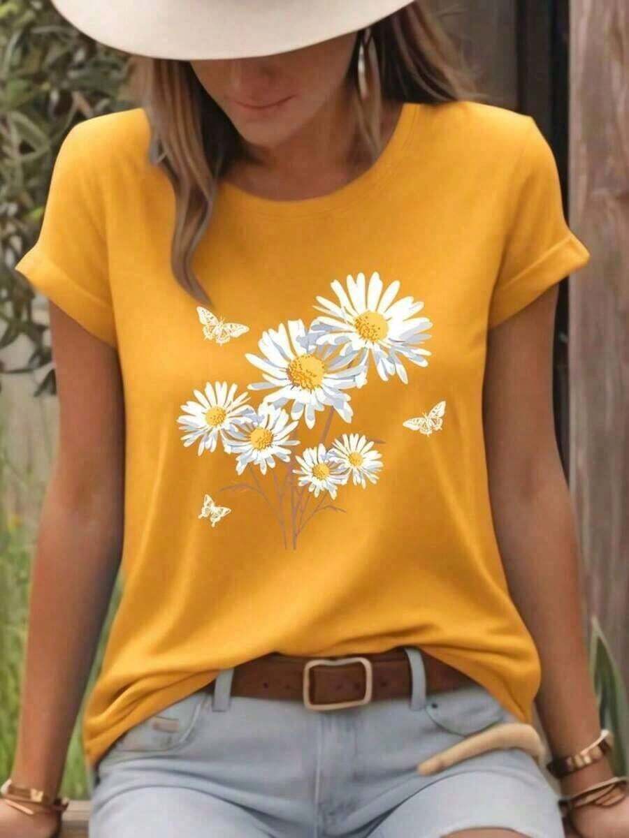 Camisetas de Verano 2026 para Mujer, Camiseta Casual de Cuello Redondo, Camiseta con Estampado de Margaritas Blancas y Mariposas, Estilo Fresco y Natural, Diseño Floral Campestre e Insectos, Camiseta de Cuello Redondo, Transpirable, Ligera y Cómoda, Perfecta para Primavera y Verano, Camisetas Blancas, Ideal para el Día de San Valentín, Mardi Gras, Camisetas de Verano, Para Mujer, Ropa Elegante para Mujer, Holgada y Cómoda, Ropa de Verano, Conjuntos de Verano para Mujer - Amarillo - Ver 1