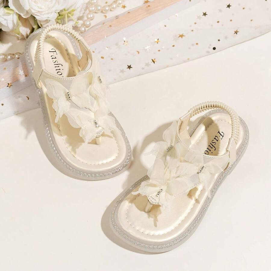 Girls' Princess Sandals, Mesh Butterfly Rhinestone Thong Sandals, Soft Non-Slip Beach Shoes - White - View 1