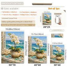 1pc Canvas Wall Art, Framed Wall Decor, Seaside White Orchid, Seaside Cottage Orchid & Teal Waves Art Print, Vintage Windowsill Orchid With Sea Glass & Coral, Nautical Style White Orchid Seascape Wall Art, Bright Summer Beach Decor - Multicolor - View 3