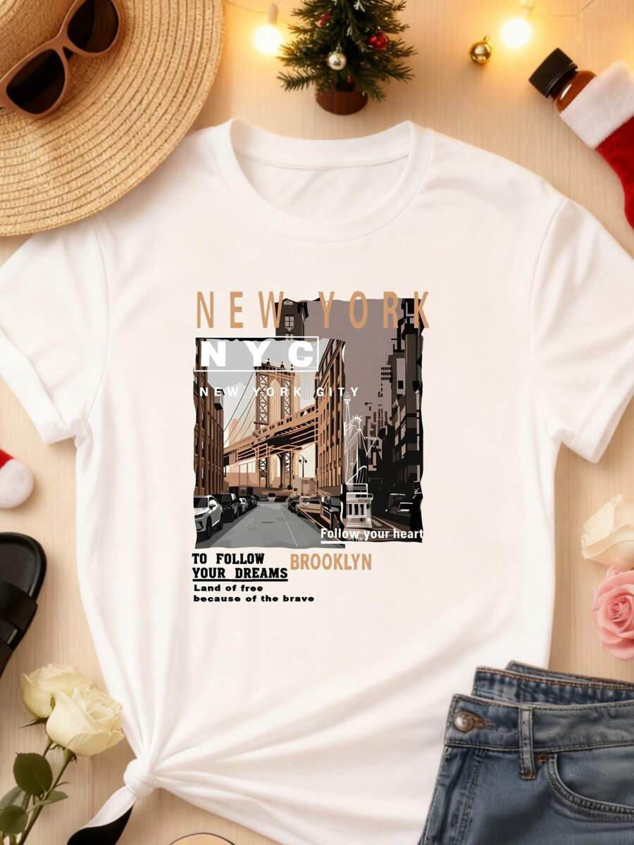 Women's Short-Sleeved Crew Neck T-Shirt, 1 Piece, Available In 3 Colors: Gray, White, And Black. 100% Polyester. Features A Brooklyn Bridge Print. Suitable For Everyday Casual Wear, Commuting, Outdoor Activities, Gatherings With Friends, Relaxing With Family, College Events, Vacation Outfits, New Year's Eve Family Dinners, And New Year's Parties. Local Shipping Available. - 白色 - 查看 1