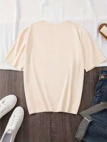 Women's Lemon Print T-Shirt, Short Sleeve T-Shirt, Round Neck T-Shirt With "Easy As A Pie" Print, Casual Summer Off-Shoulder T-Shirt, Women's Casual Summer Style Clothing. - 杏色 - 查看 2
