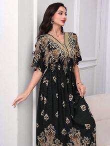 Lacomfia Vestido de mujer de estilo vacacional con estampado geométrico elegante, mangas de murciélago fruncidas y cintura ceñida - Negro - Ver 5
