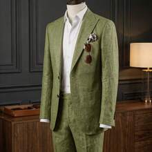 Linen Men'S Suit Set Casual Tuxedo 2pcs Regular Fit Blazer One-Button Solid Jacket And Pants For Prom Wedding Party - 卡其色 - 查看 2