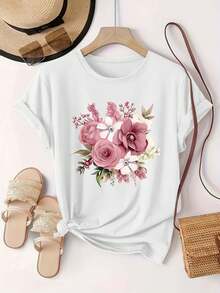 Plus Size - Plus Size - 0-8XL Plus Size Casual Fashion Printed T-Shirt Women's Clothing, Modern Base Layer Daily Outing Casual Wear For All Seasons Short Sleeve T-Shirt Multicolor Optional Women's Soft Pink Floral Anime T-Shirt - Pastel Pink Blouse - 白色的 - 查看 6