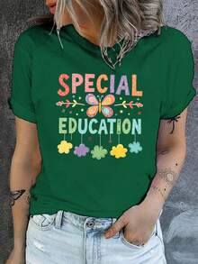 Camiseta de educación especial con estampado de diseño divertido, manga corta y cuello redondo, top casual para verano y primavera, ropa de mujer - Verde - Ver 1
