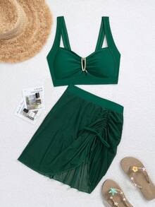 jeederkim Nuevo top de bikini de verano para mujer con decoración metálica, falda mini transparente a juego, adecuado para usar en la playa y de vacaciones - Verde Oscuro - Ver 6