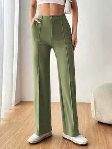 Pantalones de traje de mujer con bolsillos laterales sesgados, líneas de costura visibles para otoño/invierno - Verde militar - Ver 5