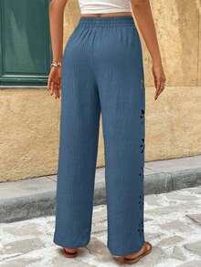 Frenchy Pantalones casuales de vacaciones para mujer de unicolor con diseño hueco y retorcido en la cintura - Niebla azul - Ver 2