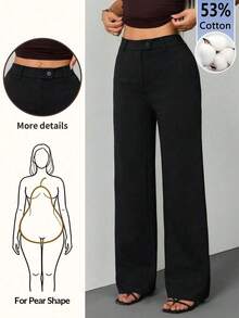 Pantalones rectos casuales de mujer de unicolor con cinturón - Negro 2 - Ver 12