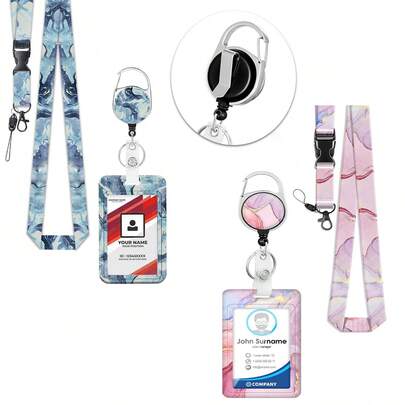 1 Set (Badge Clip + Card Holder + Lanyard) Versatile Blue Marble ID Badge Holder, Casual Stylish Retractable Badge Reel With Detachable Lanyard, Medical Assistant Accessory Clip For Name Tag, Vertical ID Card Holder Suitable As Gift For Family, Friends, Teachers, Students, Colleagues, Workers, Men And Women