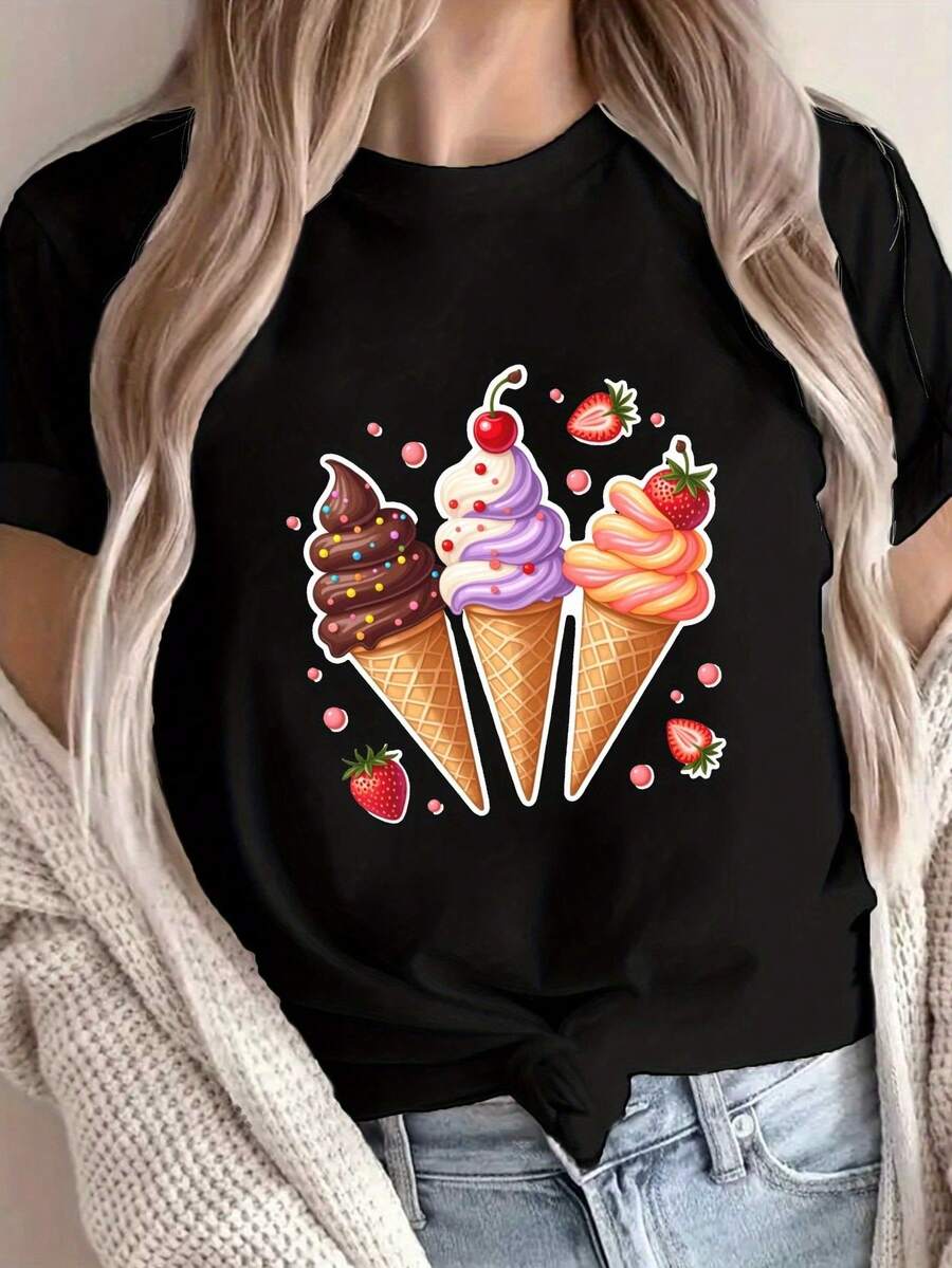 Una camiseta casual de manga corta y cuello redondo, diseñada para el verano, con un estampado de tres conos de helado, perfecta para la primavera y el verano, y diseñada específicamente para mujeres. blusa casual mujer - Negro - Ver 1