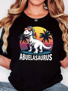 Camiseta de mujer, con estampado divertido de dibujos animados "ABUELASAURUS" ("Abuela Dinosaurio"), camiseta casual de manga corta y cuello redondo para primavera/verano, adecuada para uso diario informal, regalo para vacaciones, 100% algodón. - Negro - Ver 1